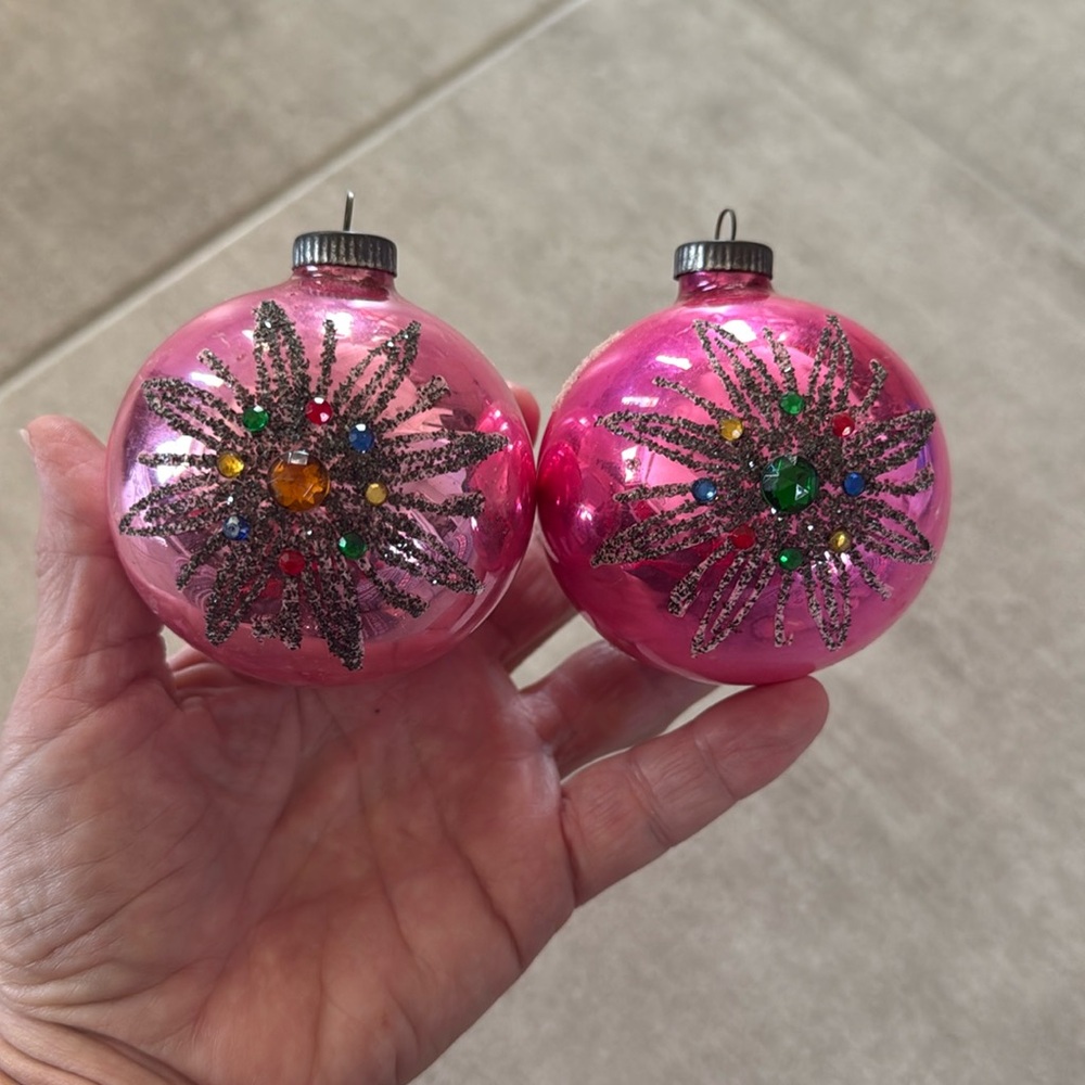 VINTAGE West Germany Pink Glass Glitter Starburst w/ Rhinestone Embellishments